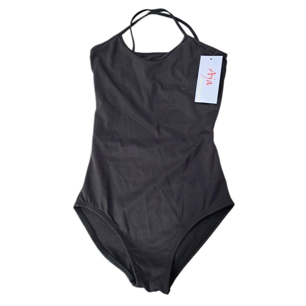 Aja VTG Open Back Cutout Crossback Strappy Tank Leotard Black Mesh Panel Size S - Picture 10 of 16